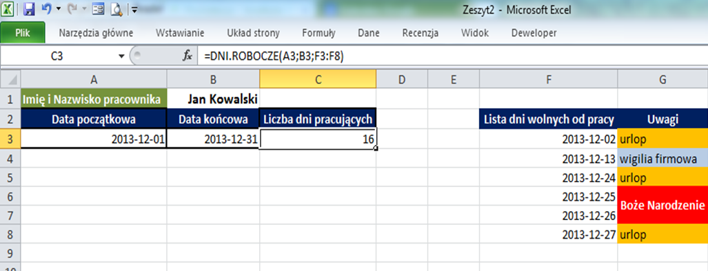 Excel formulas - workdays, networkdays