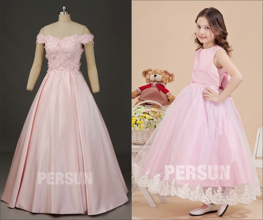 robe de mariée princesse et robe fille fleur rose
