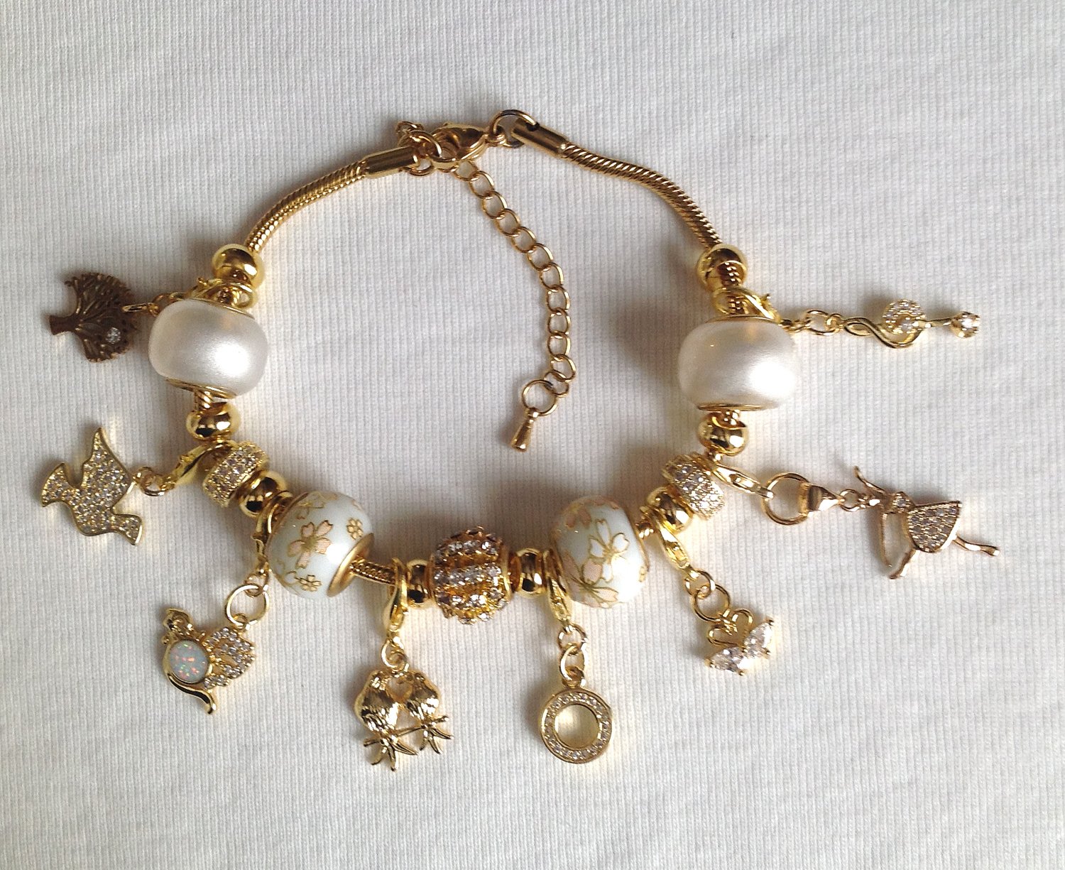 Days of Christmas Cubic Zirconia European Style Charm Bracelet in Gold and White
