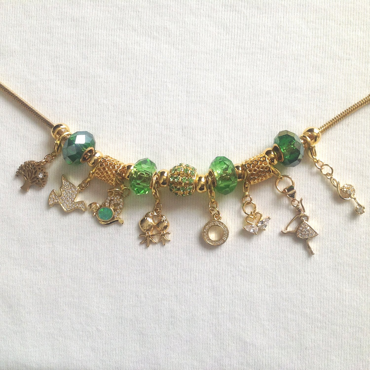 Days of Christmas Cubic Zirconia European Style Charm Bracelet in Gold, Green and White