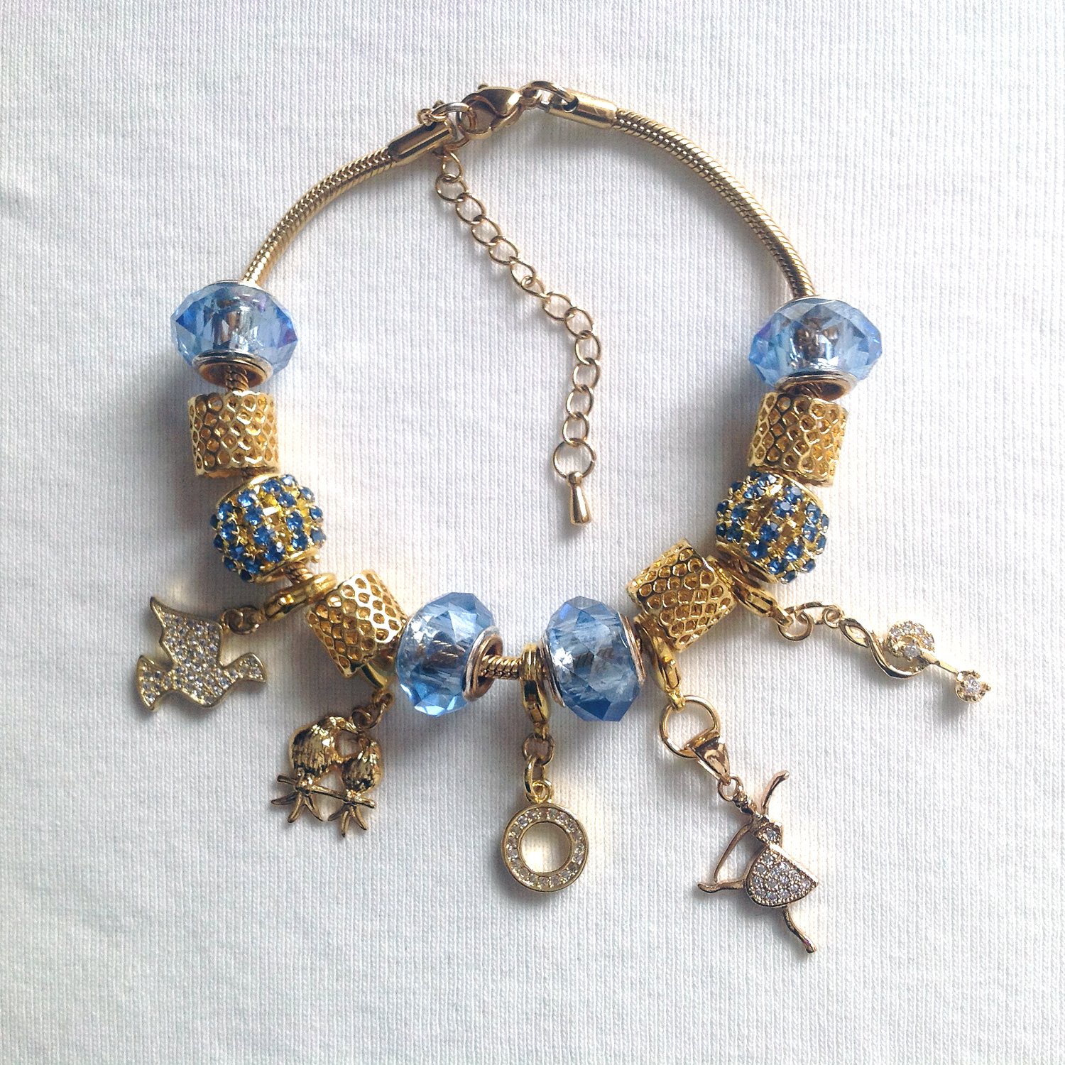 Days of Christmas Cubic Zirconia European Style Charm Bracelet in Gold, Cornflower Blue and White