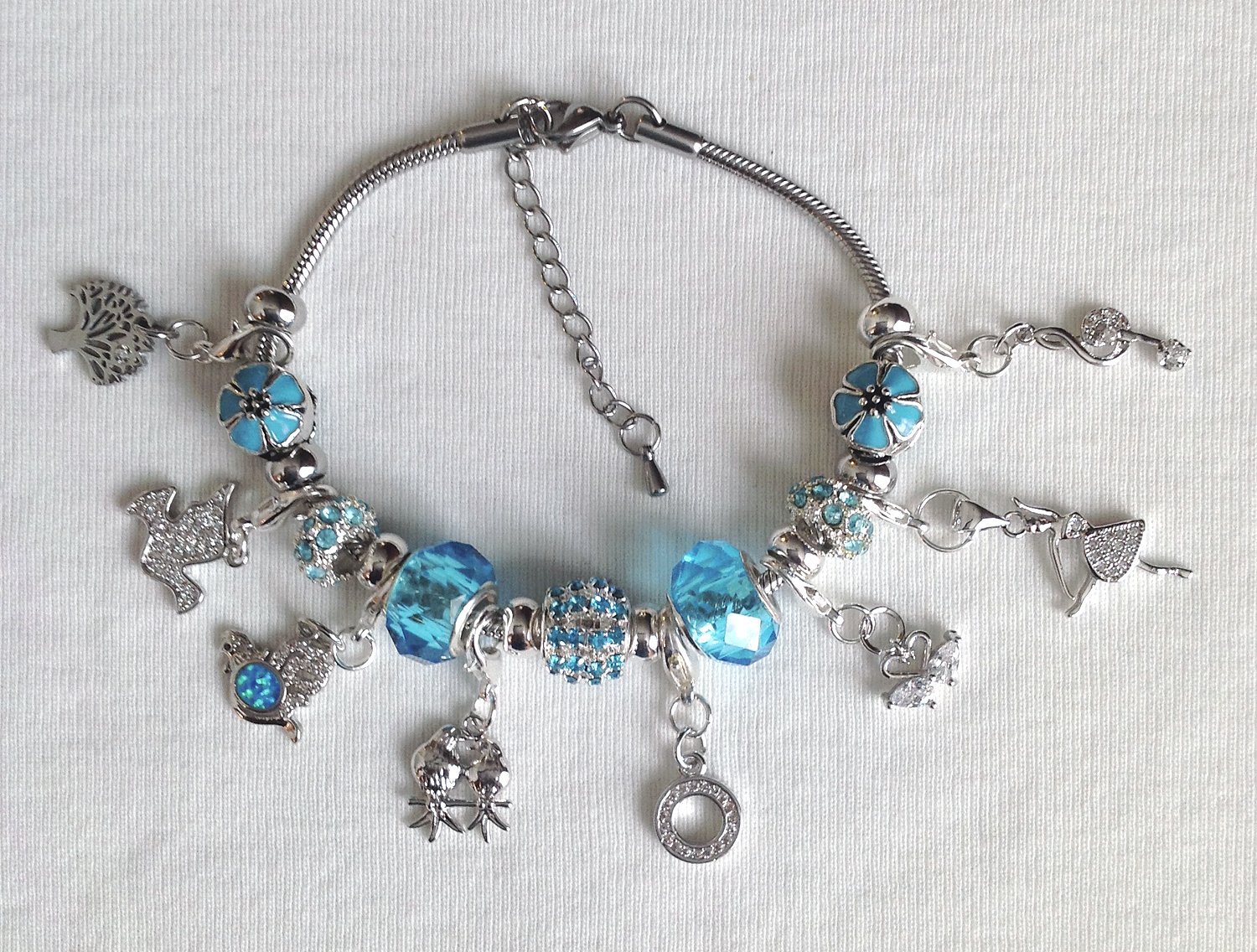 Days of Christmas Cubic Zirconia European Style Charm Bracelet in Silver, Turquoise and White