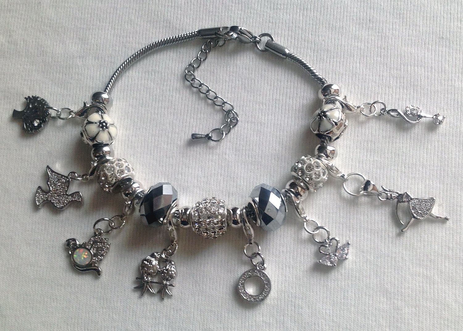 Days of Christmas Cubic Zirconia European Style Charm Bracelet in Silver and White