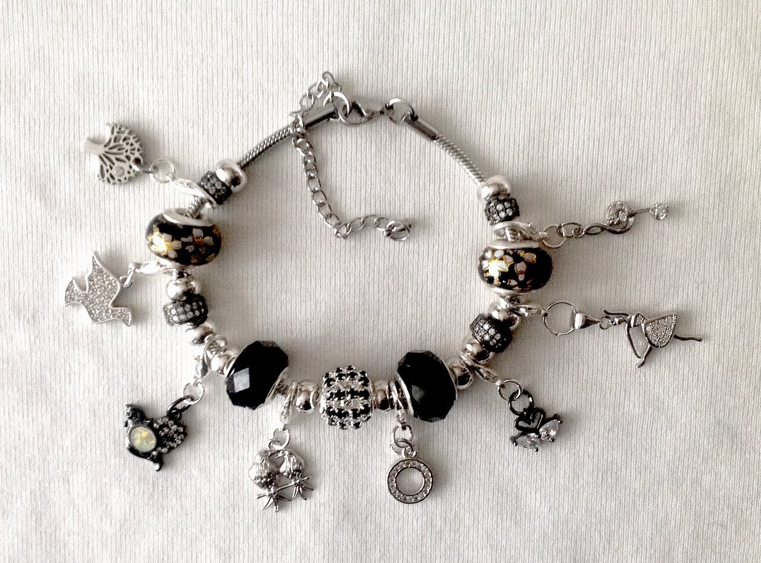Days of Christmas Cubic Zirconia European Style Charm Bracelet in Silver, Black and White