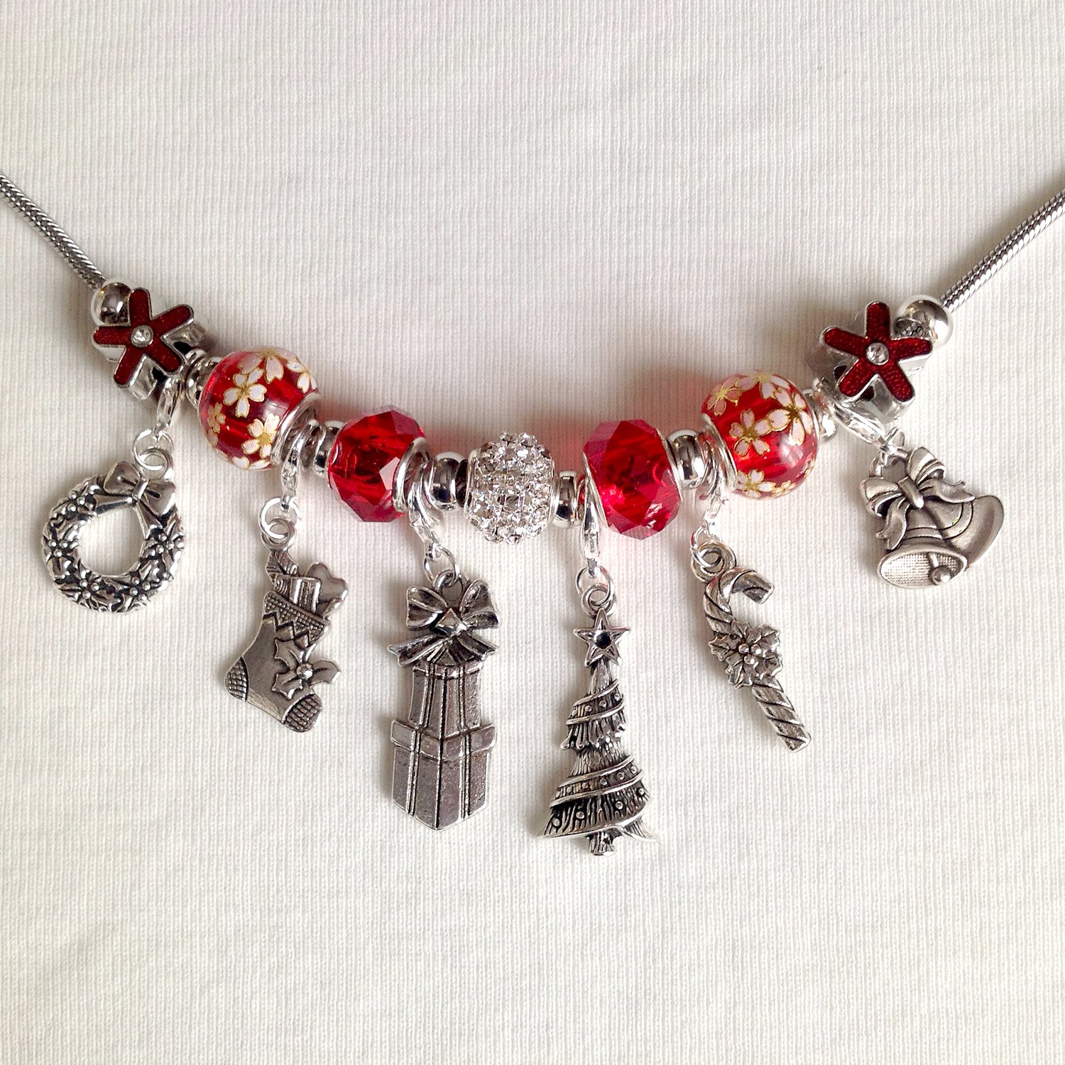  Christmas Memories European Style Charm Bracelet in Silver, Red and White
