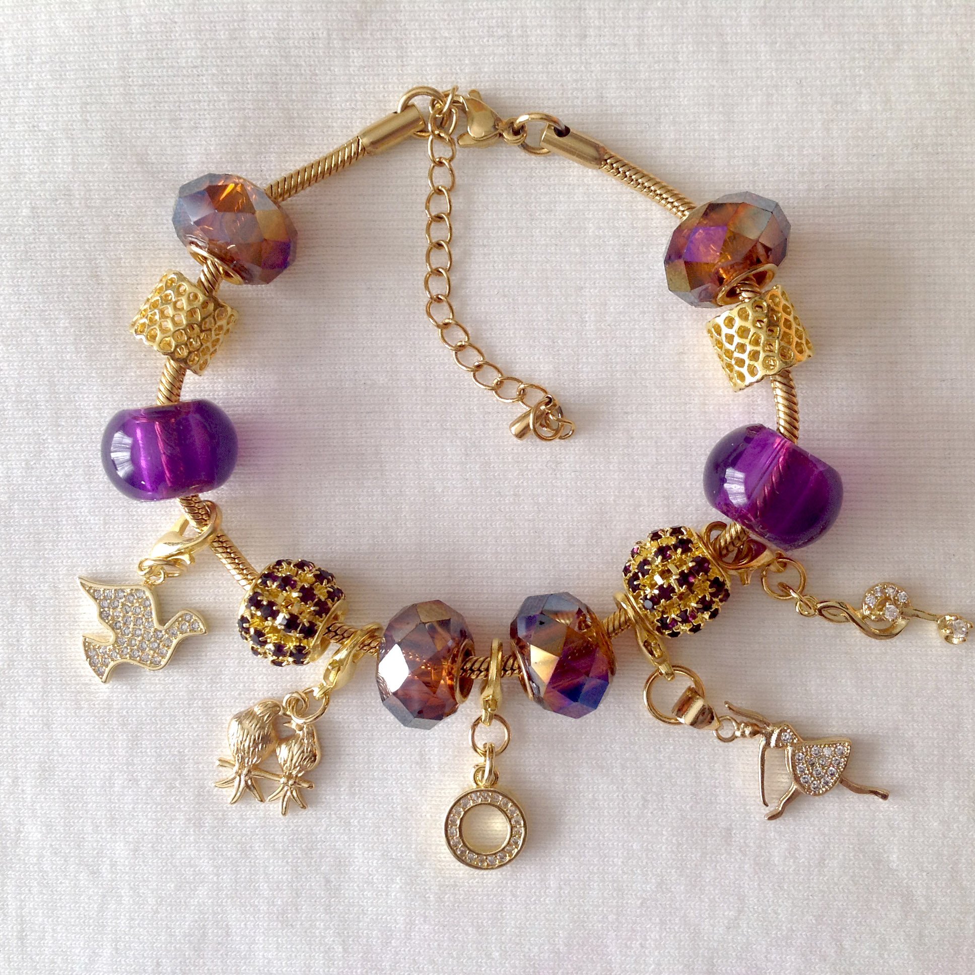 Days of Christmas Cubic Zirconia European Style Charm Bracelet in Gold, Purple and White