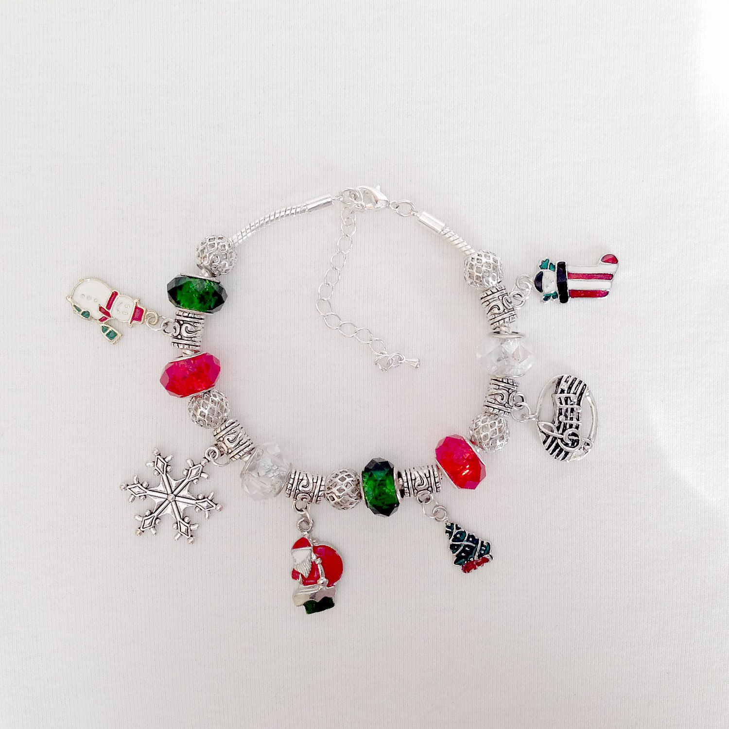  Christmas Memories European Style Charm Bracelet in Silver, Red, Green and White