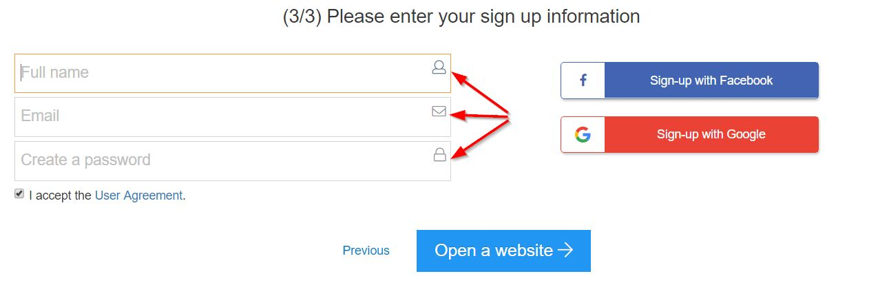 name, email, and password